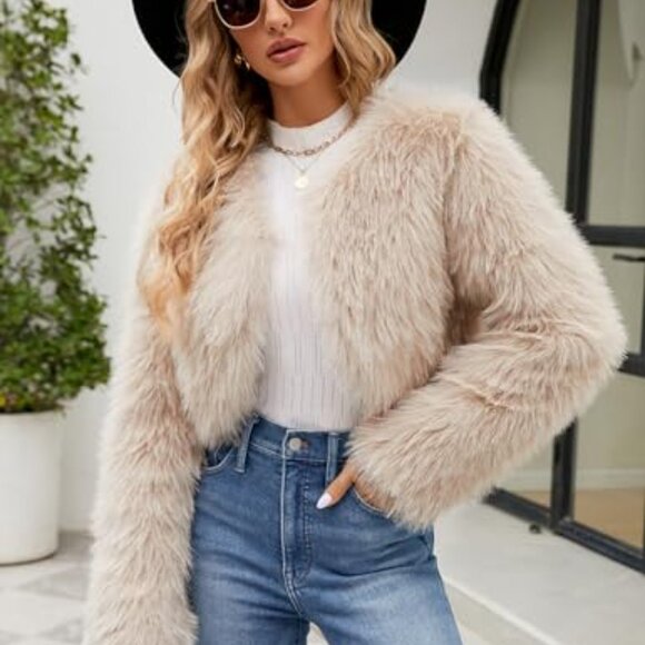 Cropped Faux Fur Jacket Chic Y2K Winter Cardigan Open Front Fleece - Picture 4 of 8